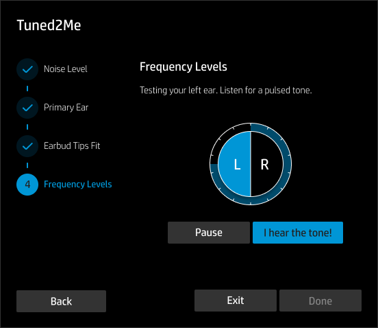 Tuned2Me modal — frequency levels left ear
